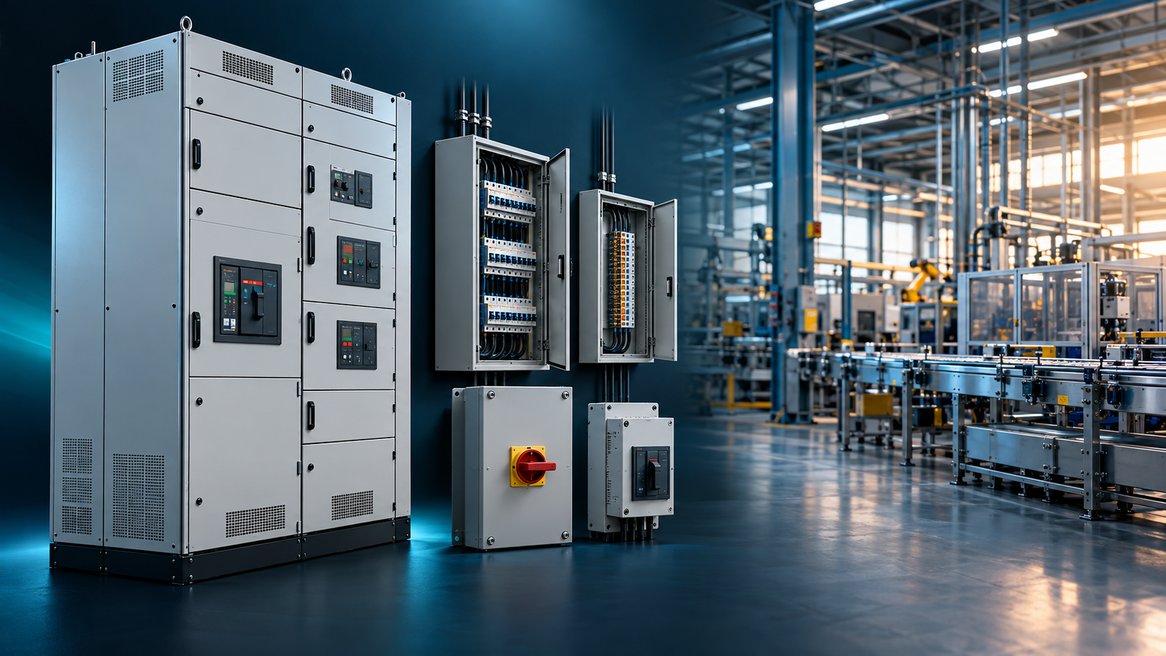 Commercial electrical switchgear and distribution equipment inside an industrial facility